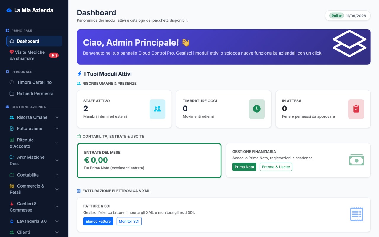 Dashboard del gestionale con menu moduli e campanella avvisi
