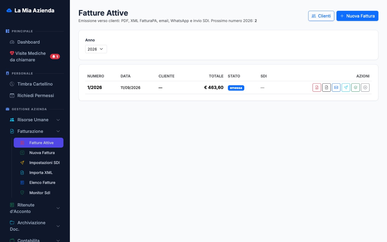 Fatture attive con azioni PDF, XML, email e SDI