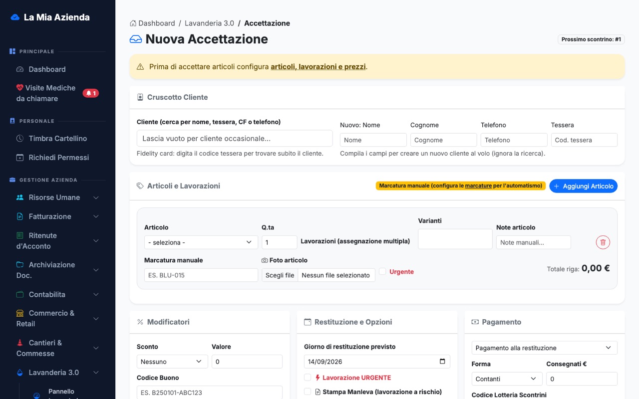 Accettazione articoli del modulo Lavanderia 3.0